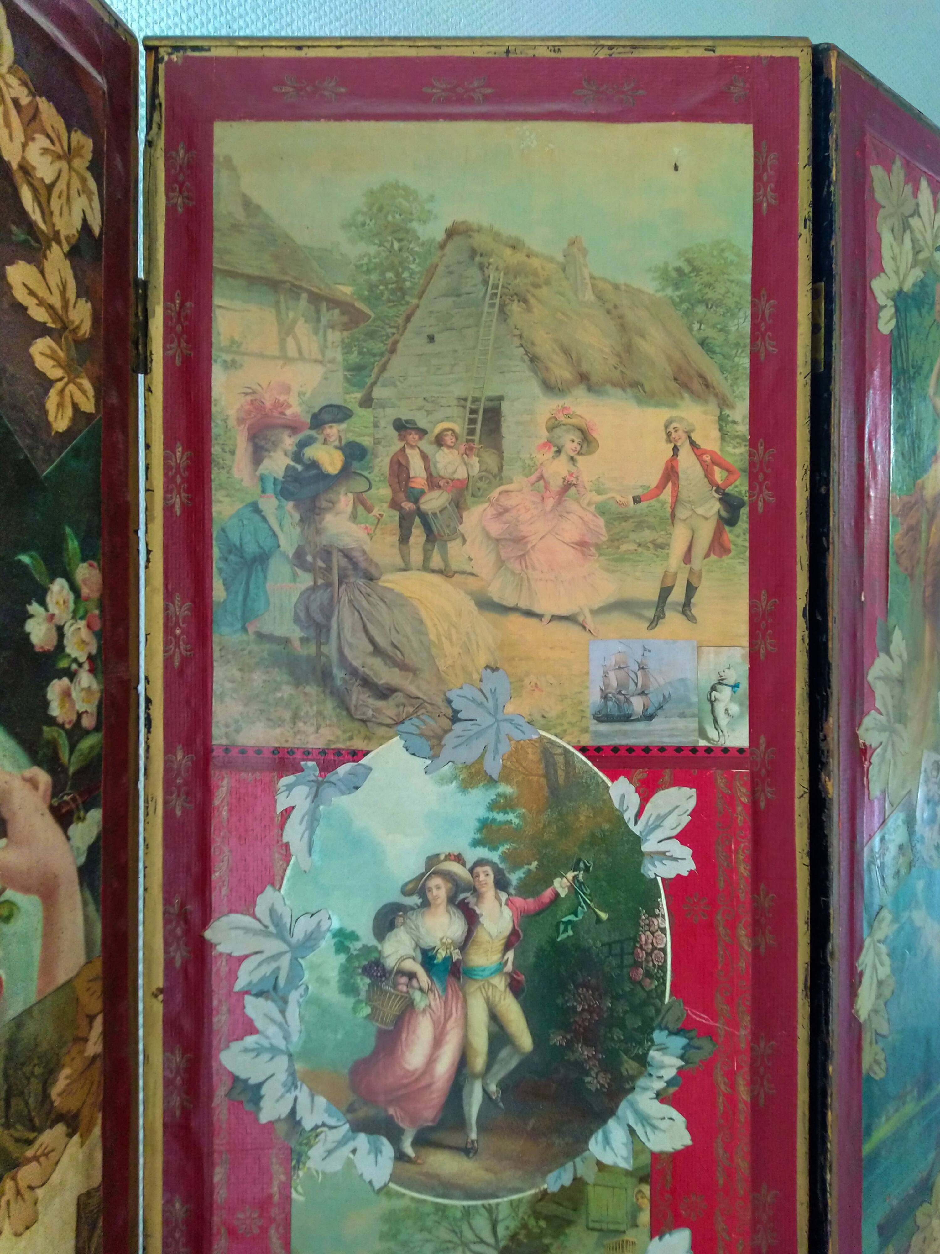 English Victorian 3-panel screen with varnished chromos