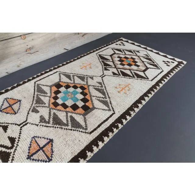 Vintage Turkish Oushak Handmade Wool Cotton White Runner Rug 81x363