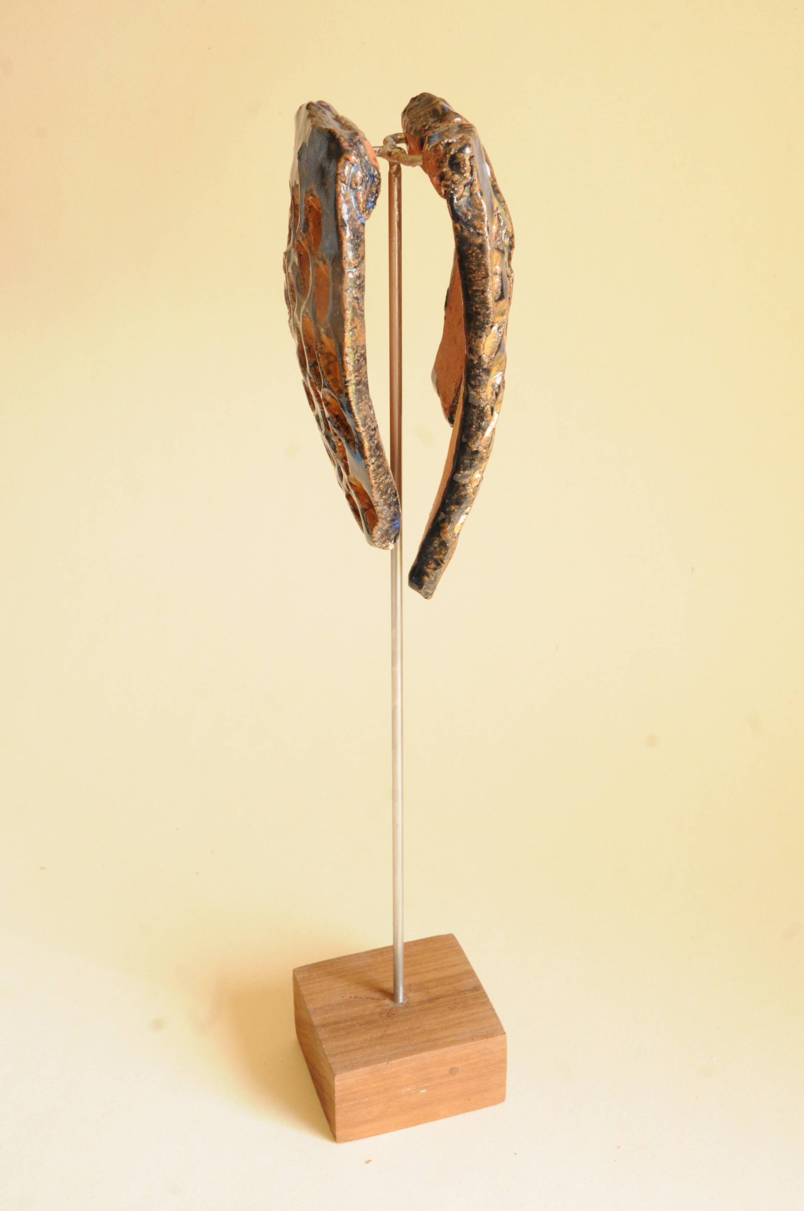 Glazed Terracotta Sculpture Signed - Abstract Art - Blue Amber