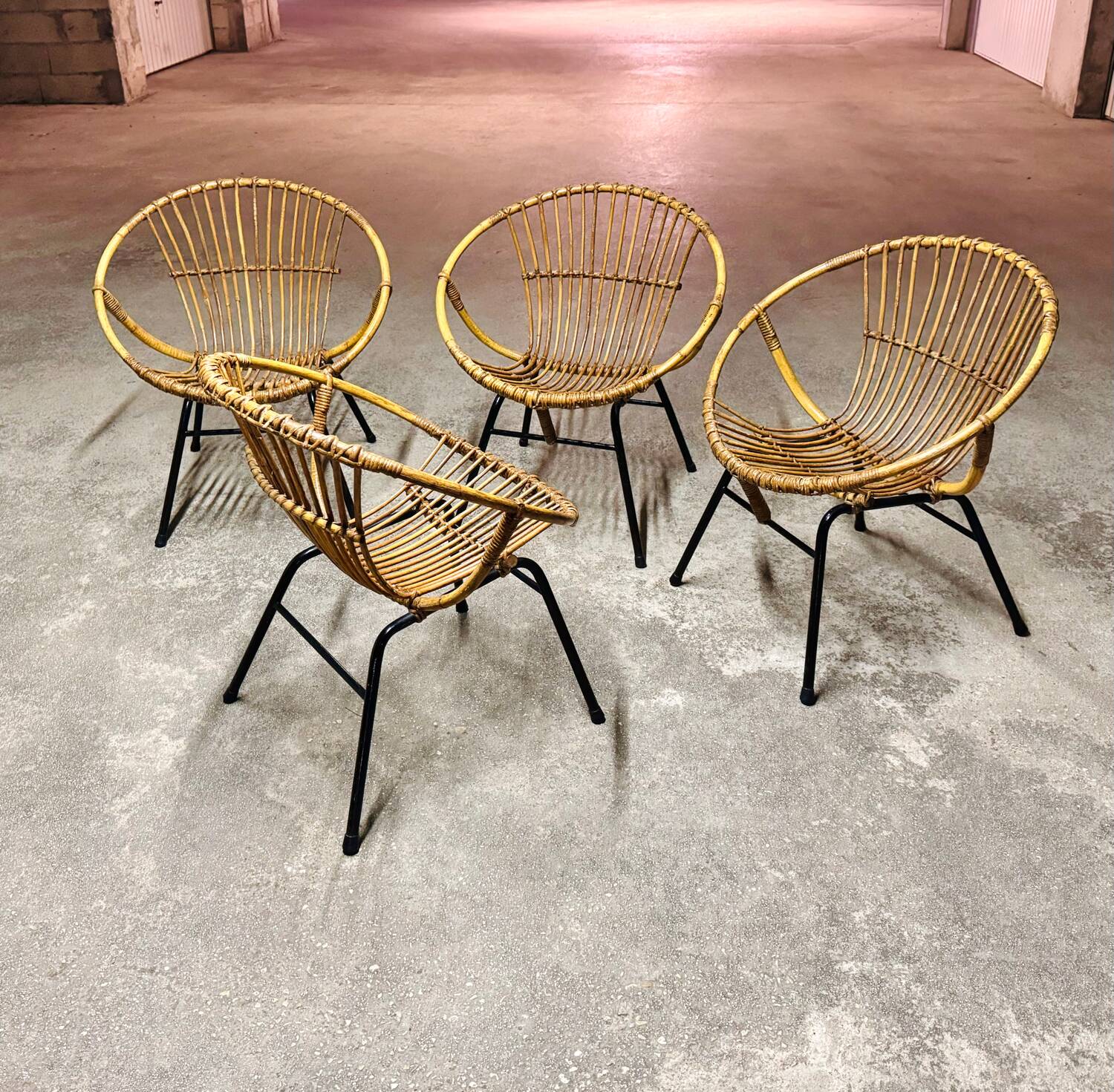 Set of 4 vintage 1950s/60s wicker rattan adult basket armchairs