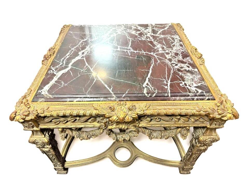Large Square Louis XV Style Table in Carved Gilded Beech and Brown Marble