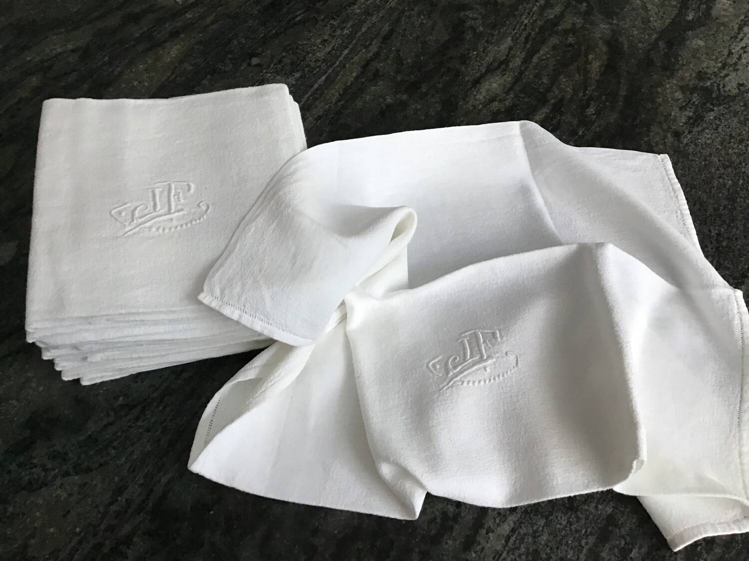 12 Damask napkins with JF monogram