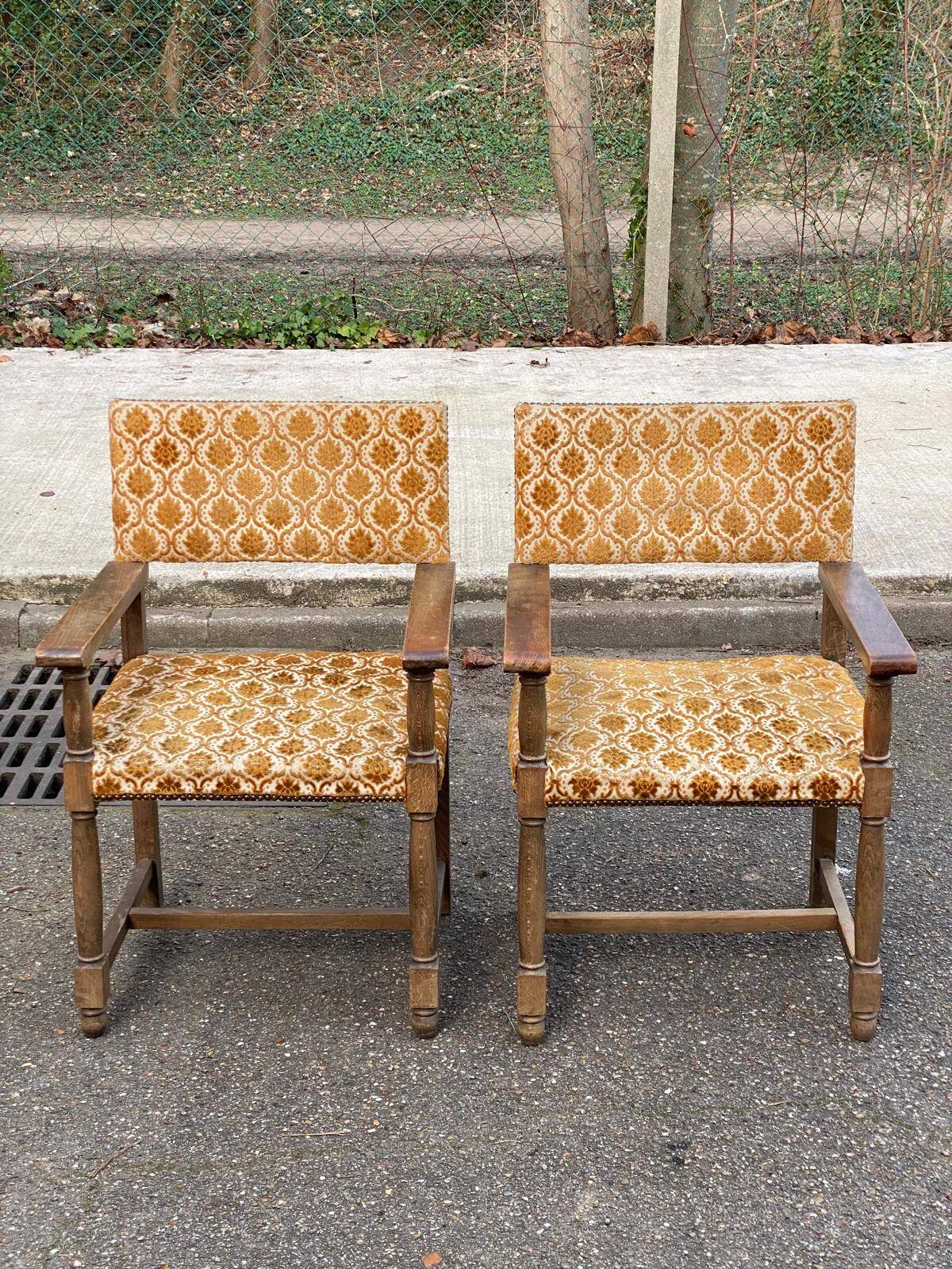 2 Henri II armchairs in solid wood and yellow-beige velvet.
