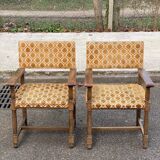 2 Henri II armchairs in solid wood and yellow-beige velvet.