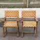 2 Henri II armchairs in solid wood and yellow-beige velvet.
