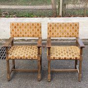 2 Henri II armchairs in solid wood and yellow-beige velvet.