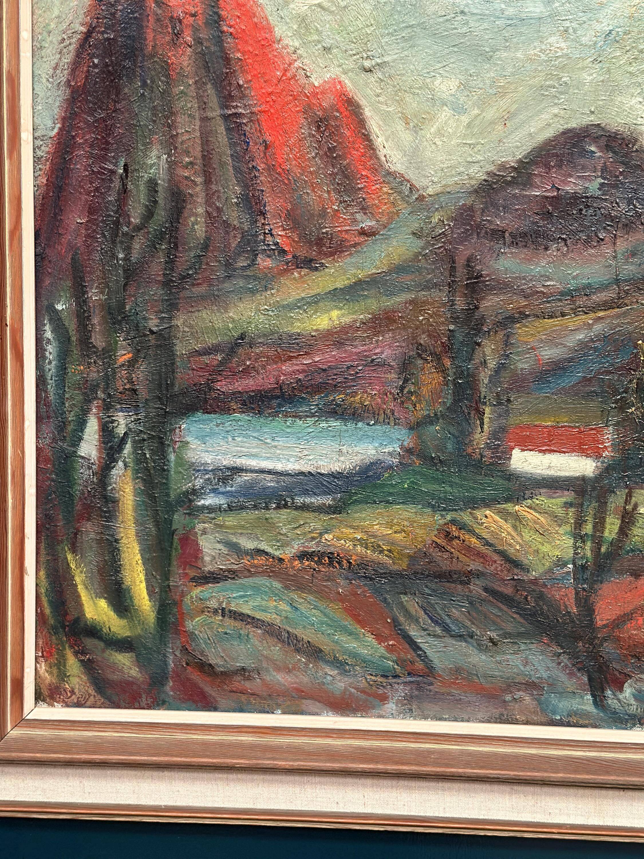 Original Mid Century Swedish Oil On Canvas – “Hut Between Hills” By B. Elvsfedt – 1962 – Vintage & Framed – 83 × 70 Cm (32.7" × 27.6")