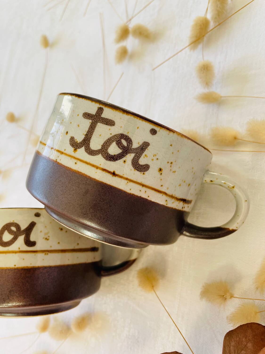 Duo de tasses grès vintage « Toi & Moi »
