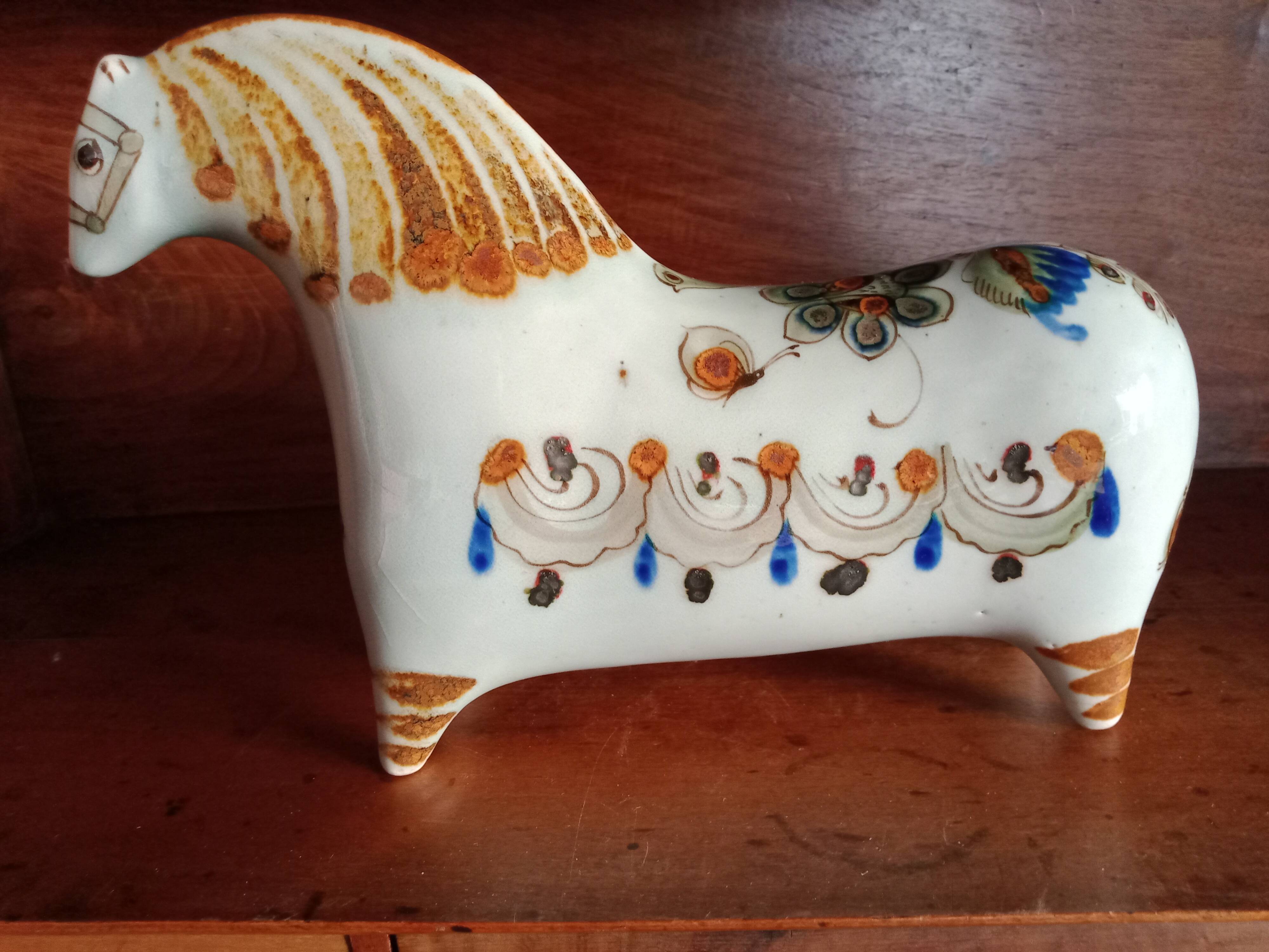 Ken edwards pottery - stylized horse decorated with butterfly flowers bird