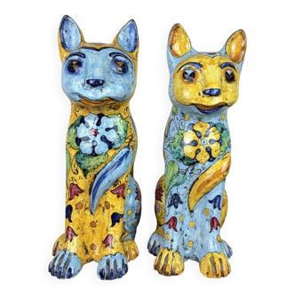 Pottery from the south of France: Important pair of enameled terracotta cats, 20th century