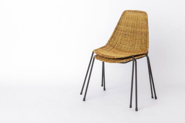 Ensemble de 2 chaises panier Gianfranco Legler, chaises en rotin des années 1950, style milieu de siècle.