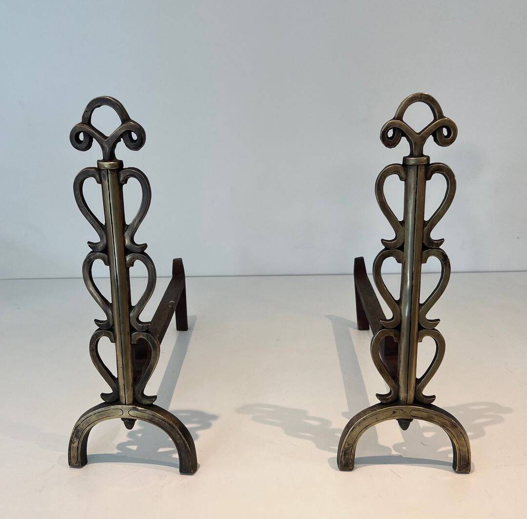 Pair of Brass and Wrought Iron Chenets with Scroll Columns and Arched Bases