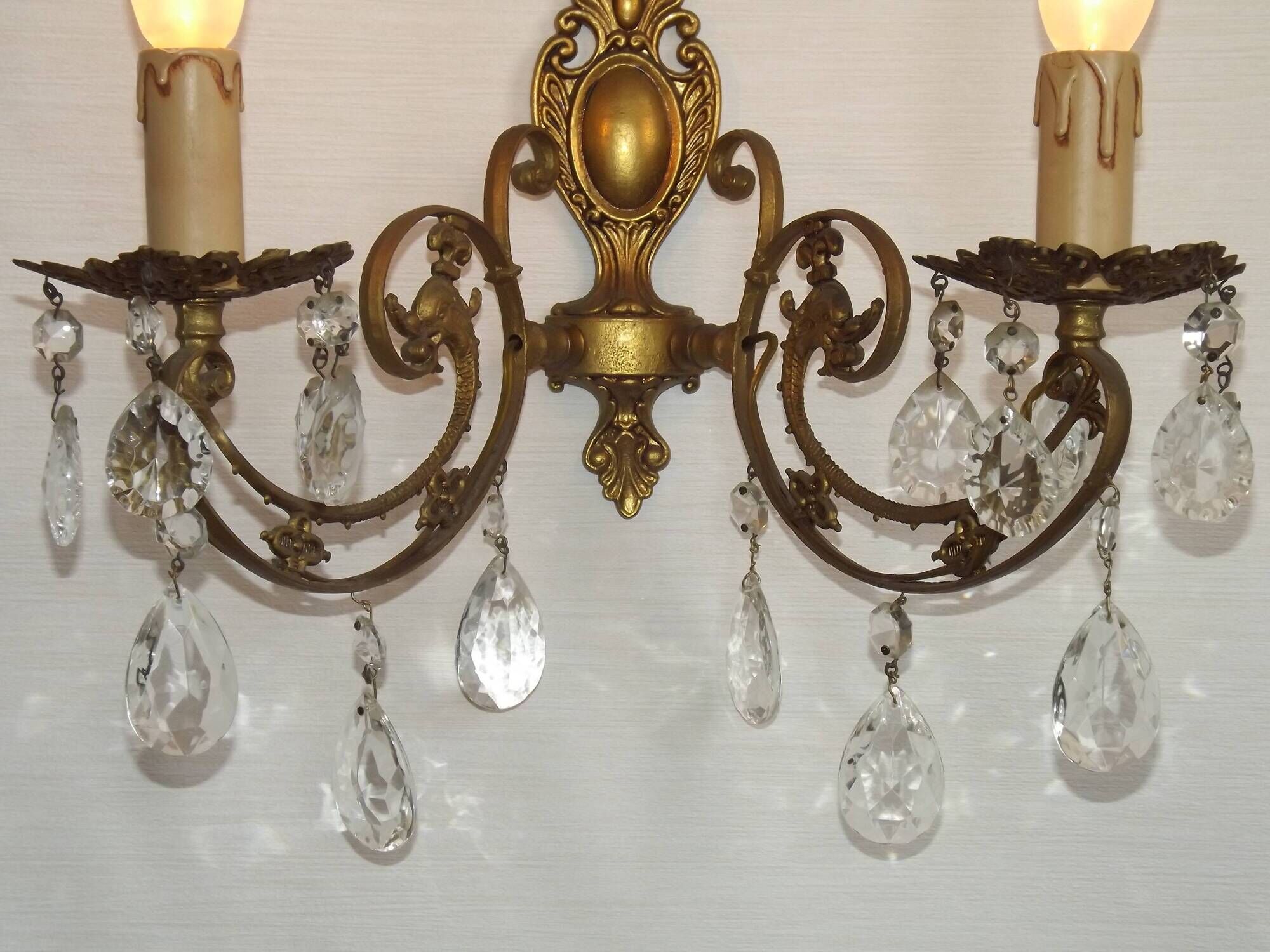 French Vintage Double Bronze & Crystal Wall Light - Stylized Dolphin Detail
