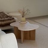 Cloud coffee table in travertine and dark oak.