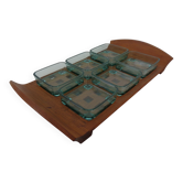 Teak tray with glass bowls by Jens Quistgaard for IHQ Dansk Designs, 1960s, set of 7.