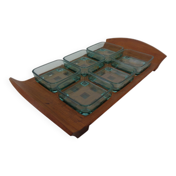 Teak tray with glass bowls by Jens Quistgaard for IHQ Dansk Designs, 1960s, set of 7.
