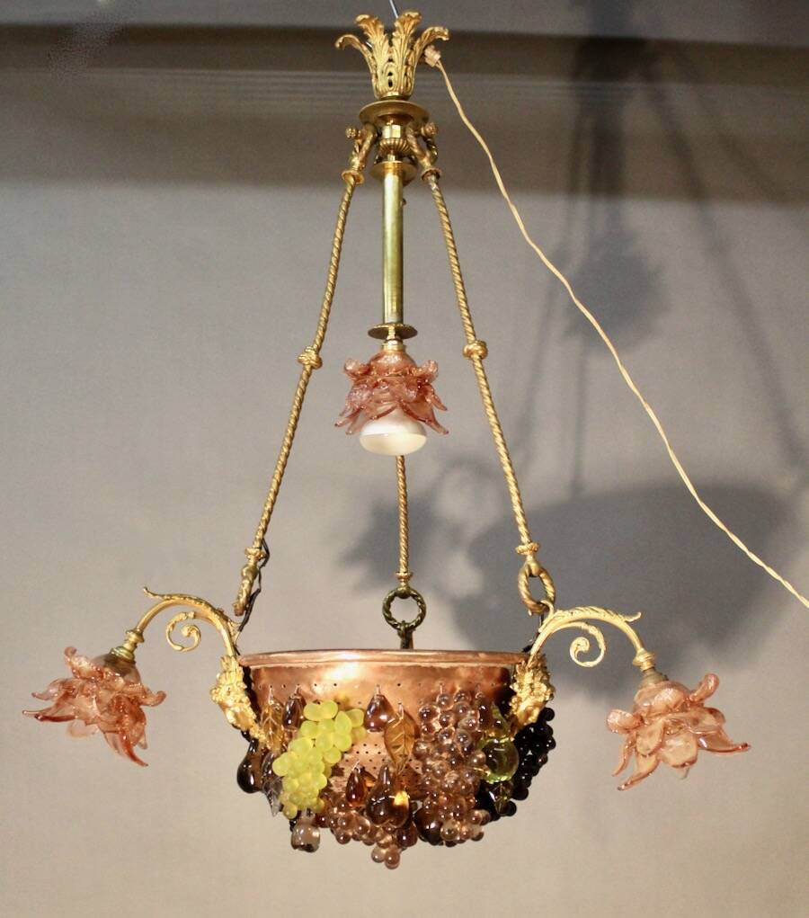 Bronze three-armed chandelier with a grape decoration.