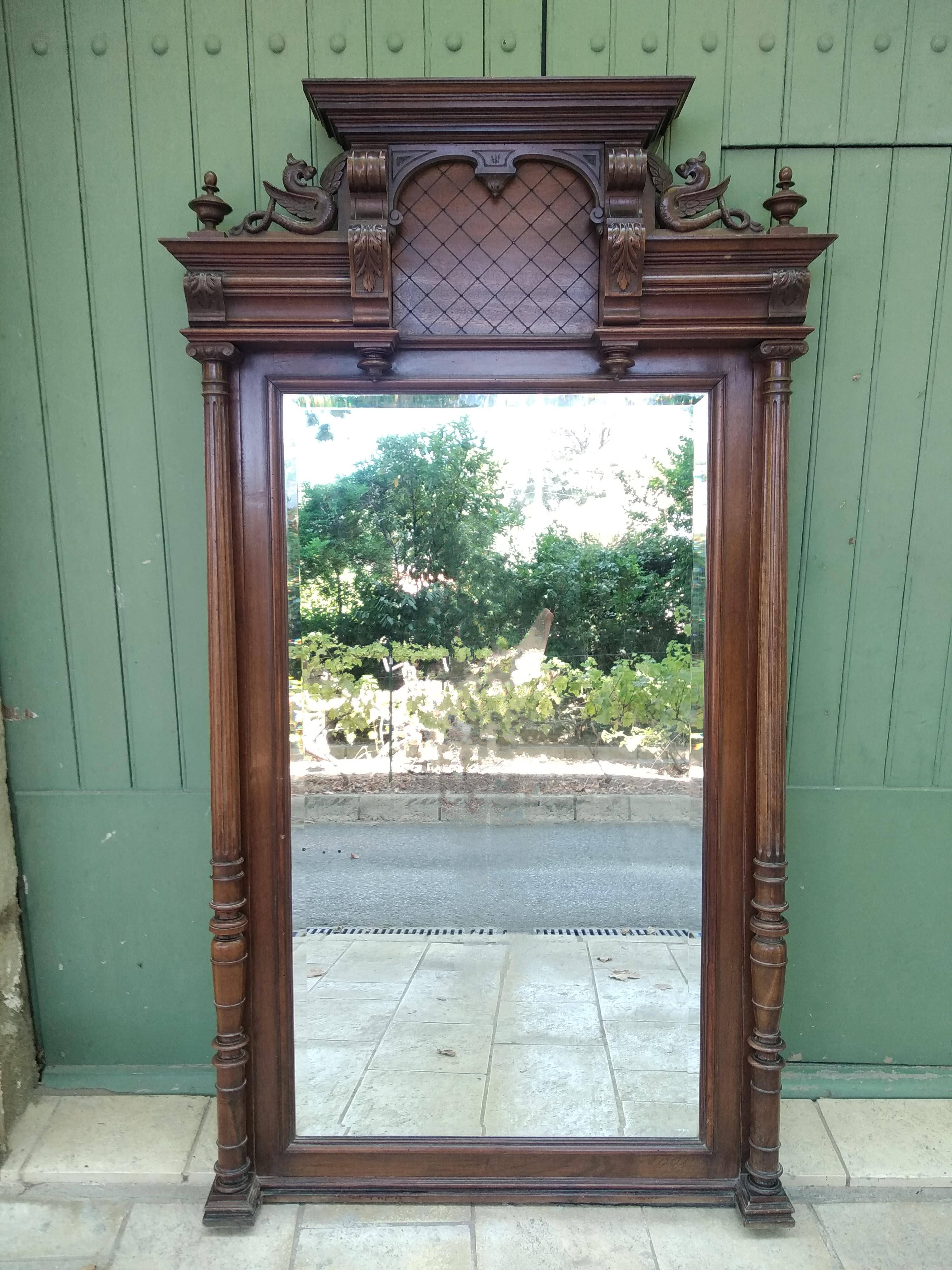 Grand miroir en bois sculpté XIX . 190 X 108 cm