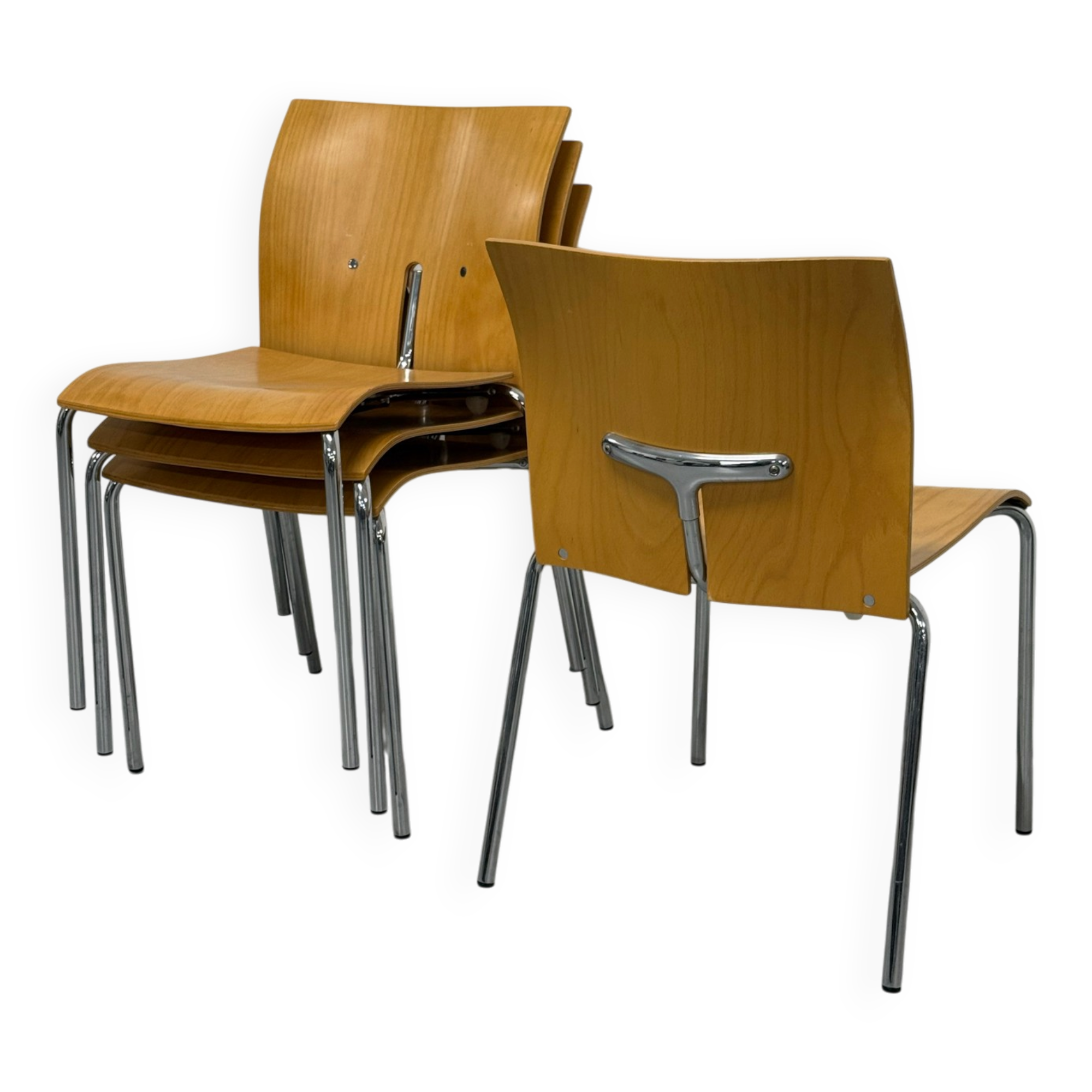 Ensemble de 4 chaises empilables vintage — Contreplaqué moulé et chrome, 199