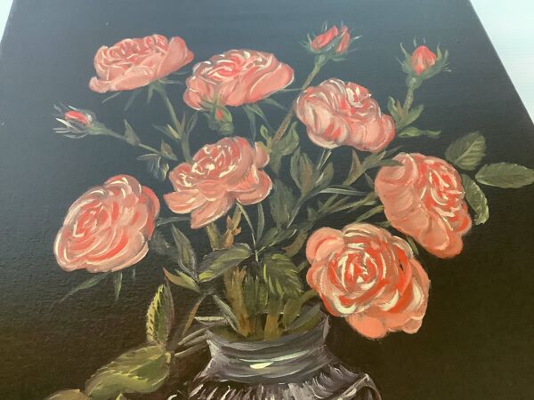 Tableau bouquet de rosesn huile sur toile signée