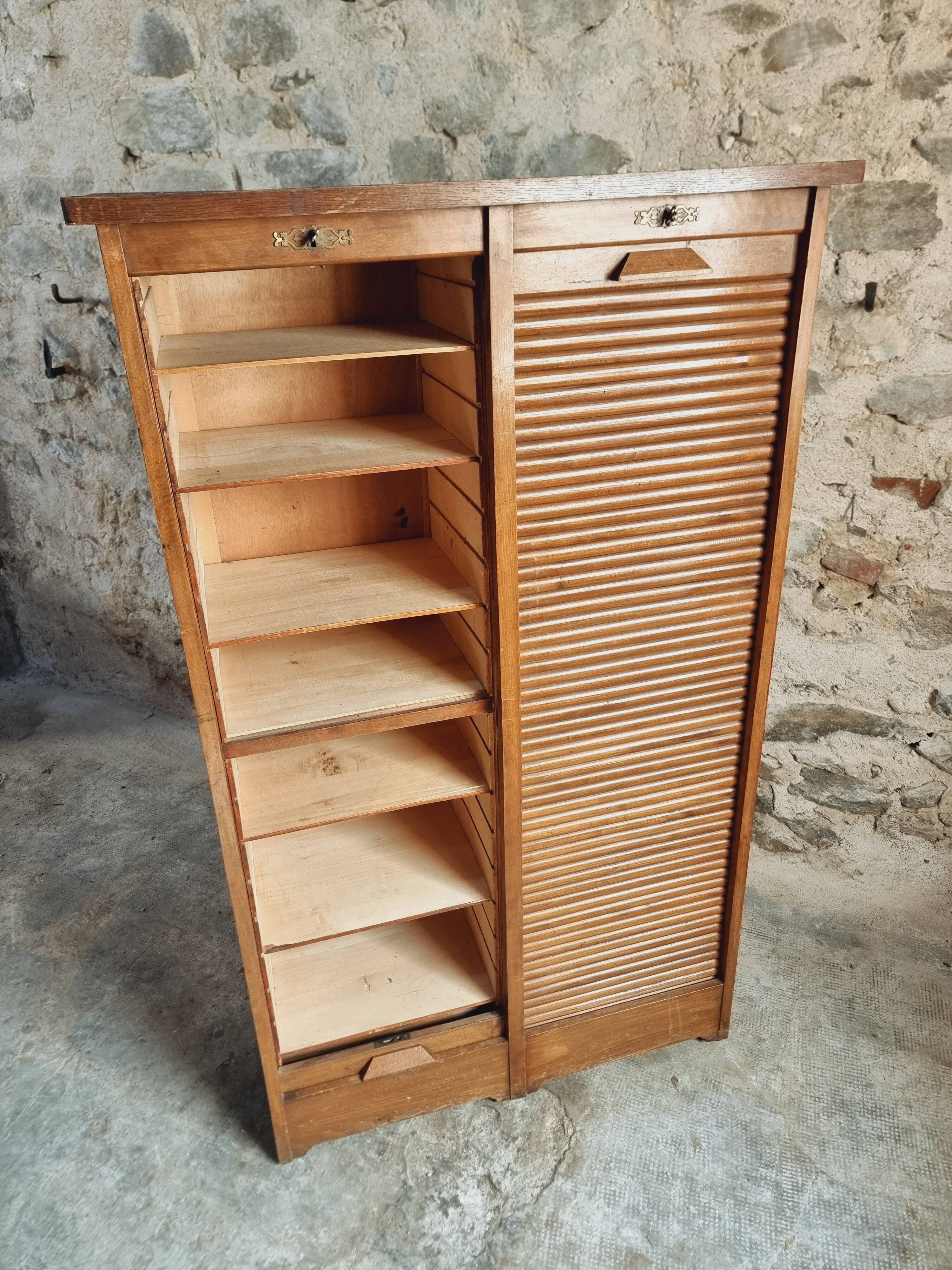 Antique filing cabinet with curtains – 1920s/30s – Beech