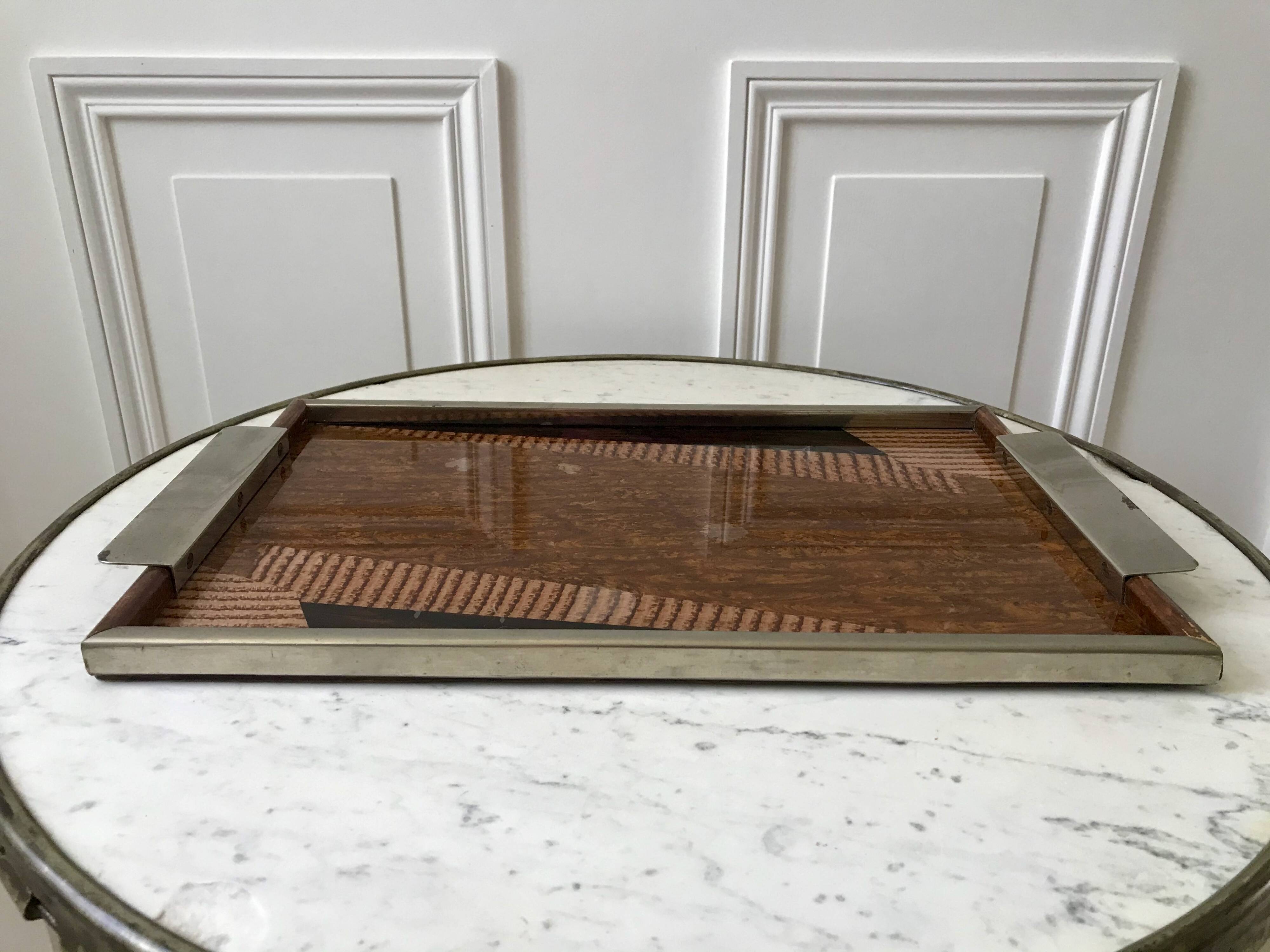 Plateau miroir en chrome, verre, bois et marqueterie années 60-70