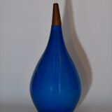 Holmegaard pendant lamp large model in blue blown glass and teak, Denmark, Poulsen