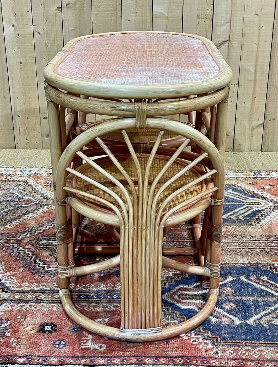 Bamboo and rattan living room set, 1 table and 2 chairs - 70s
