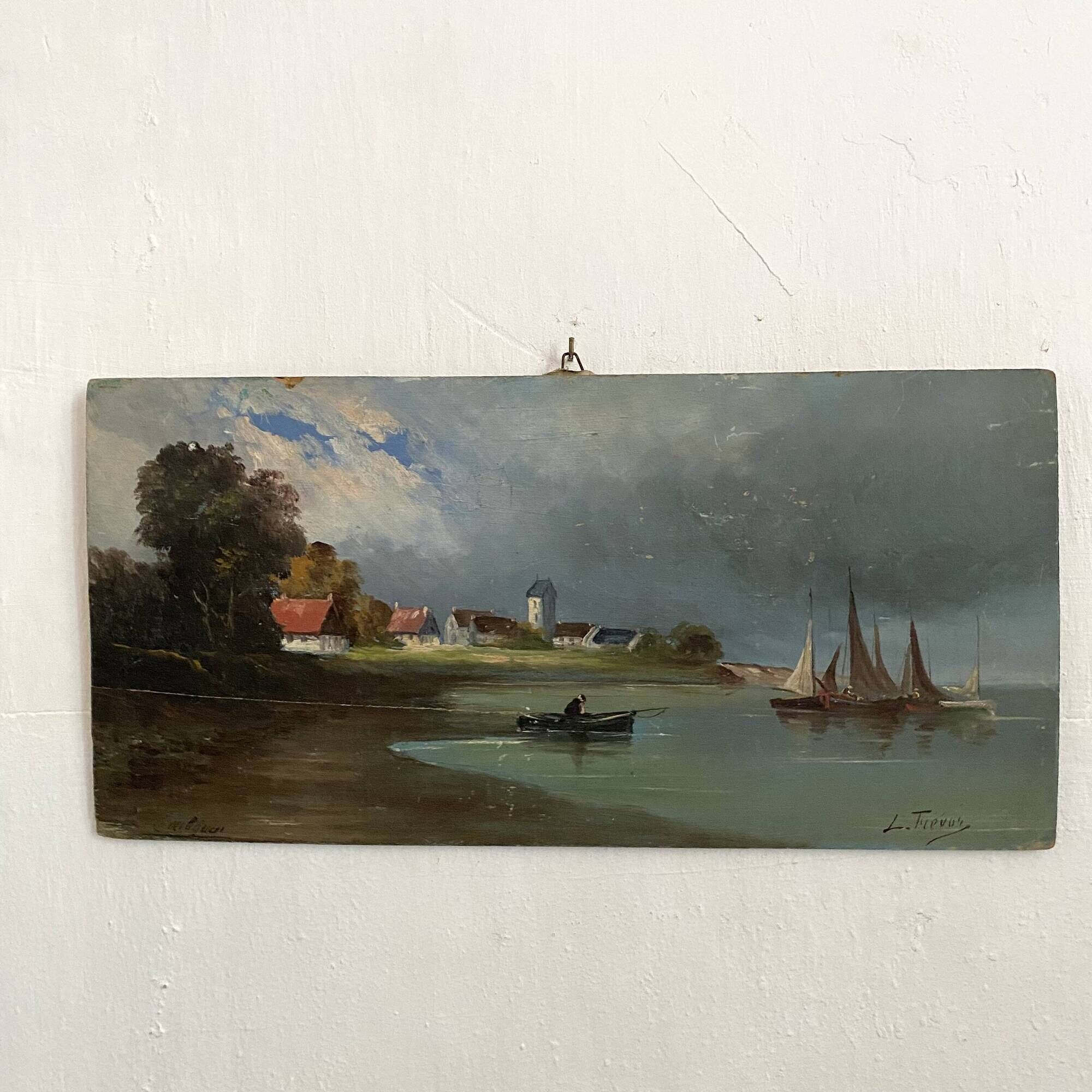 Old painting on wood sea le pouliguen 20x40 cm