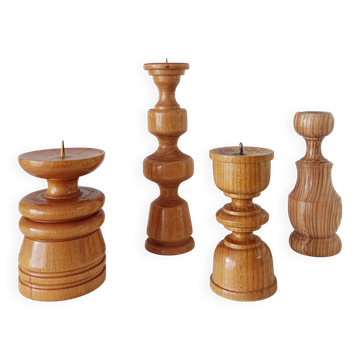 Set of 4 Scandinavian turned wooden candle holders