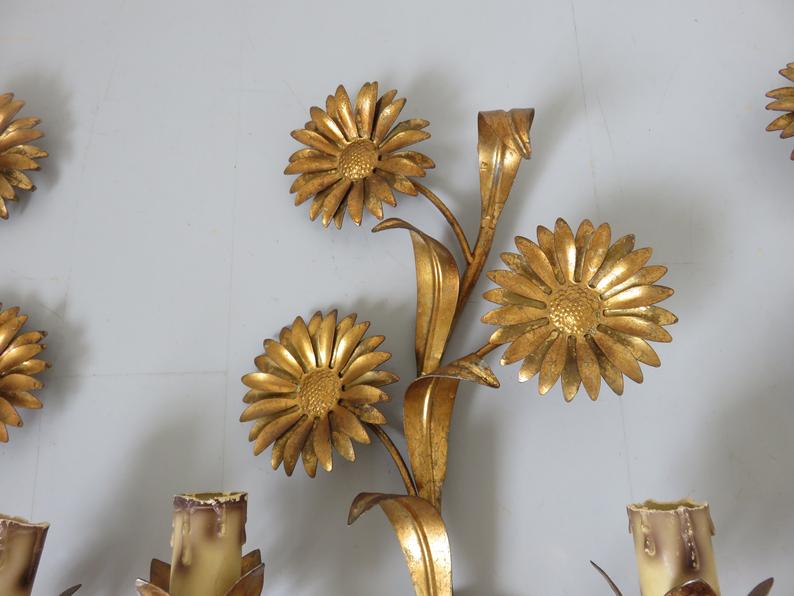 Series of 3 flower appliques "sunflowers" in 70s gold metal