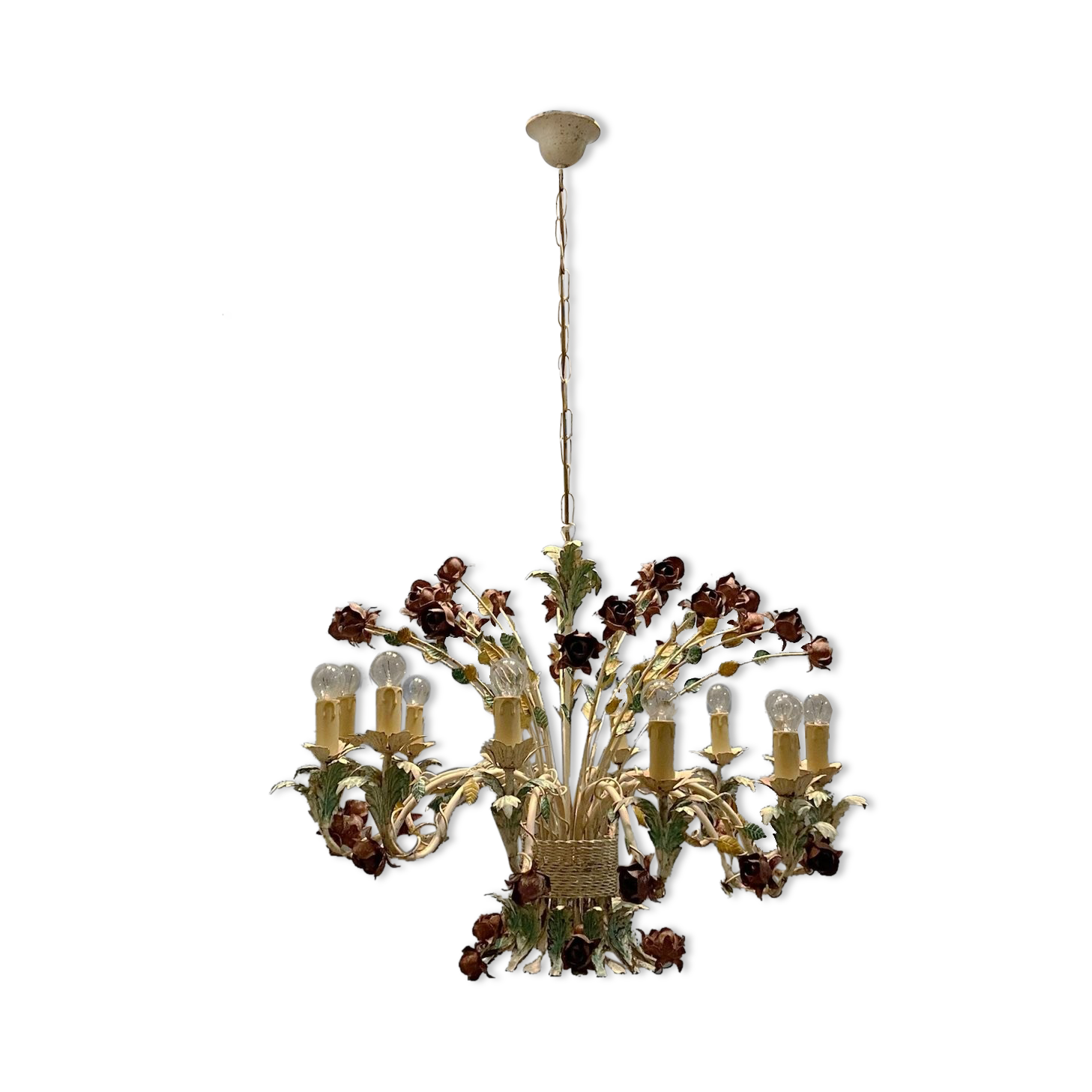 Large Vintage Italian Tole Flower Chandelier with 12 Lights