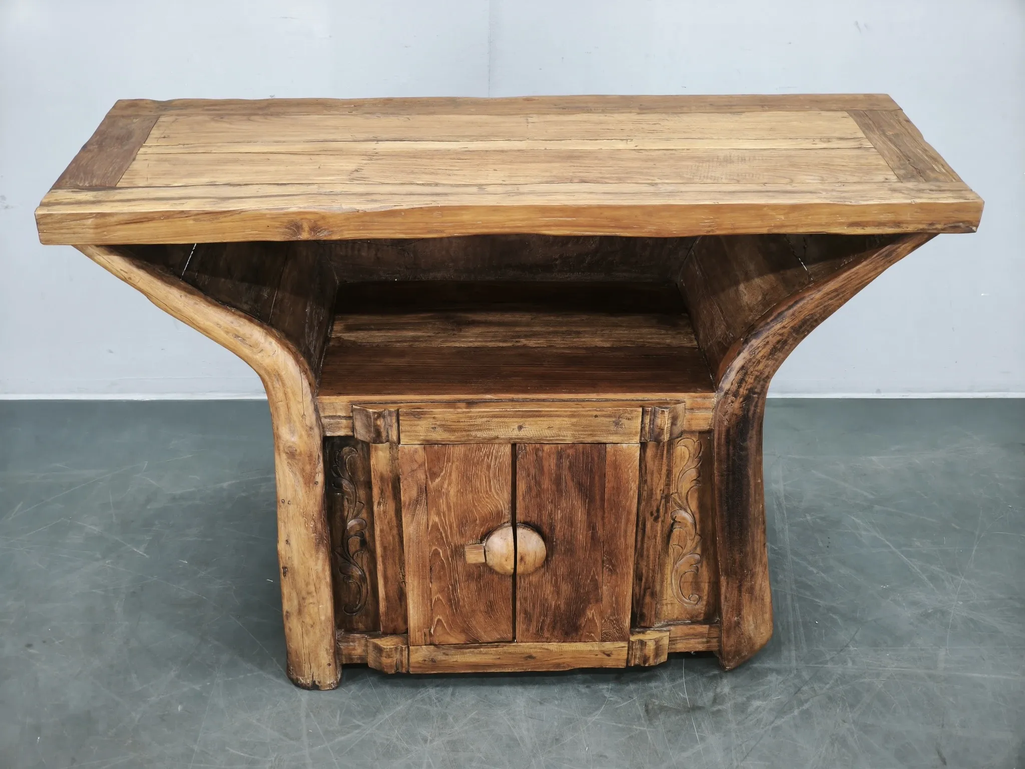 1970s Asian Rustic Solid Wood Console Table, Hand-Carved Primitive Sideboar