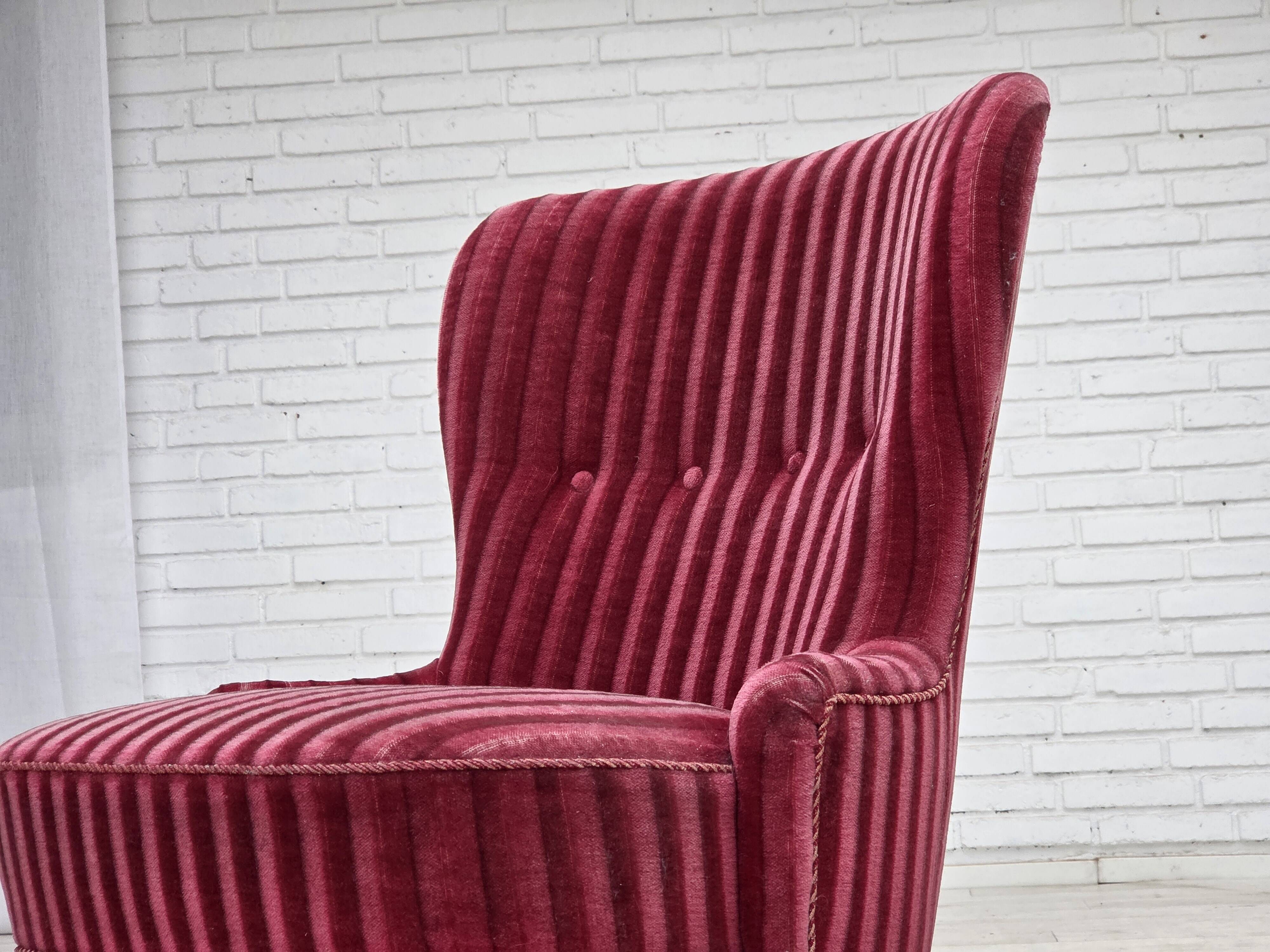 1960s, Danish armchair, original striped red furniture velour.