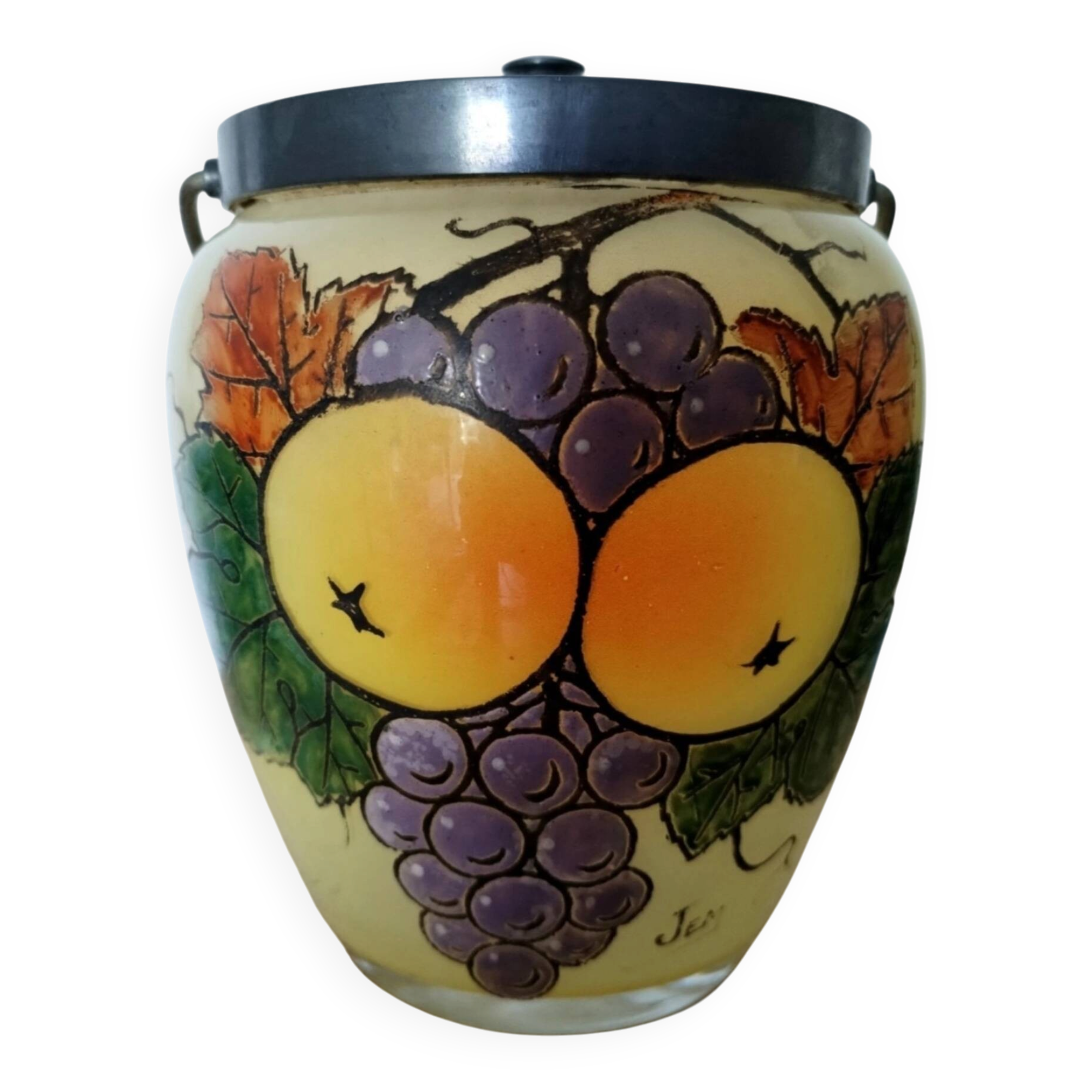 Seau à biscuits en verre émaillé signé JEM (École Legras)