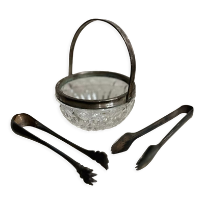 Sucrier en verre et argent avec 2 pinces à sucre
