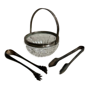 Glass and silver sugar sucker with 2 sugar tongs
