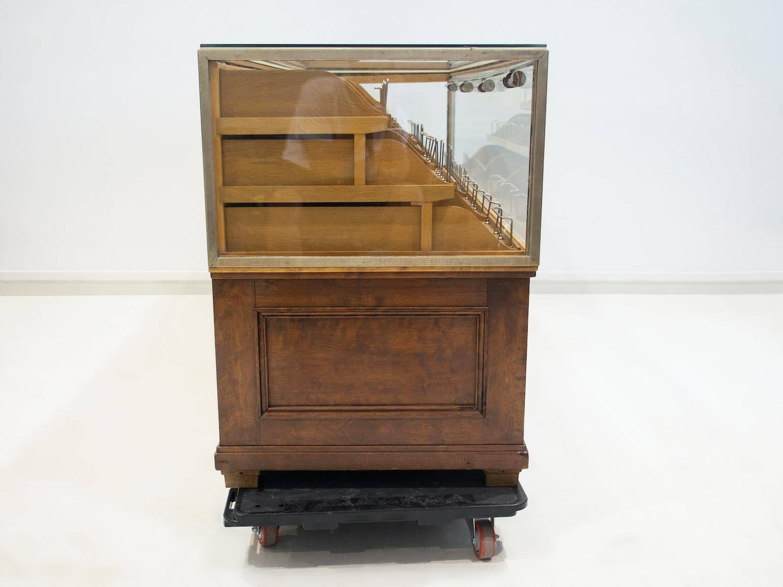Shop counter made of birch and oak with twenty drawers, 1940s.