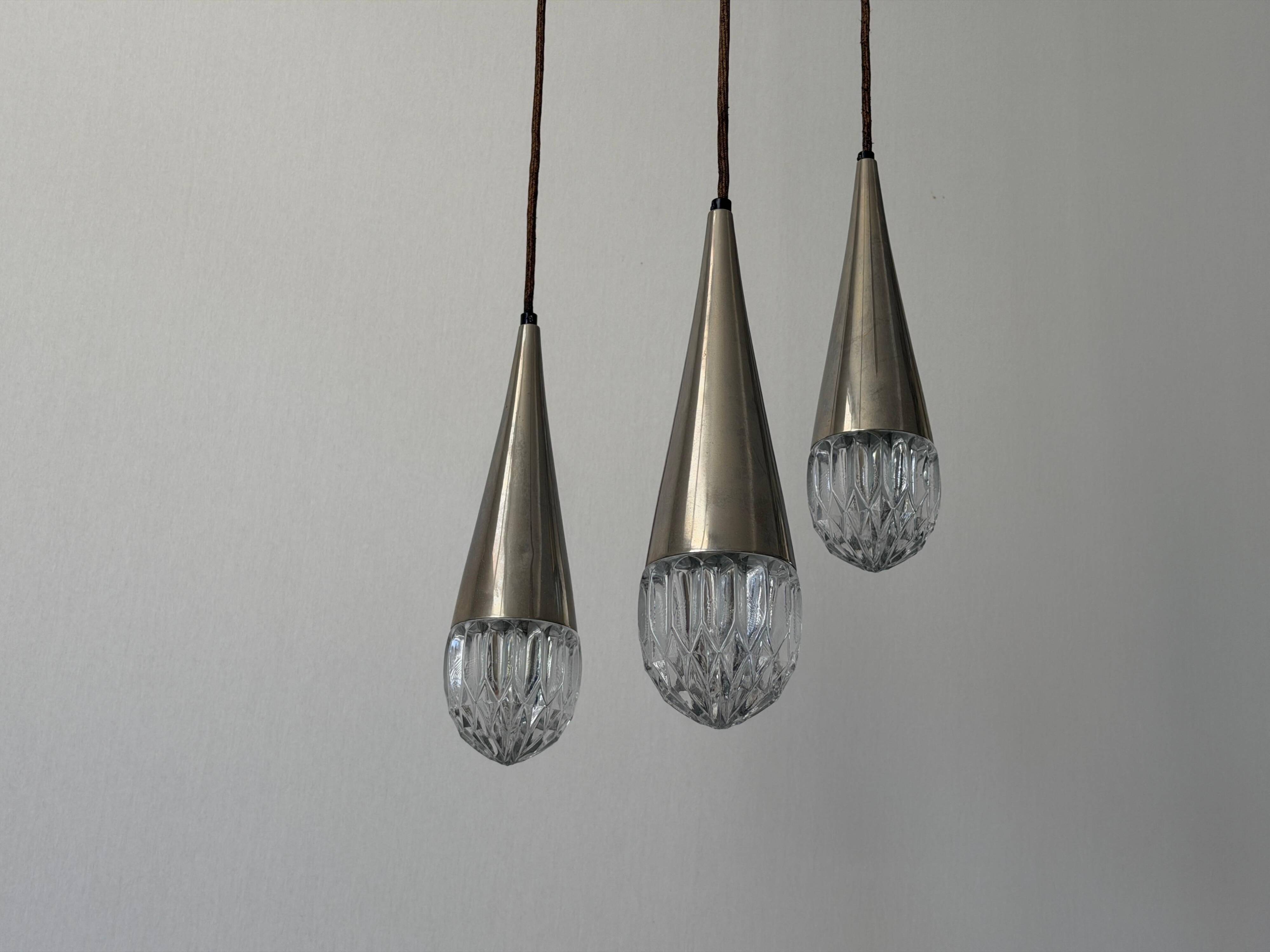 Suspended cascade lamp with 3 glass crystal shades and chrome, 1960s, Germany