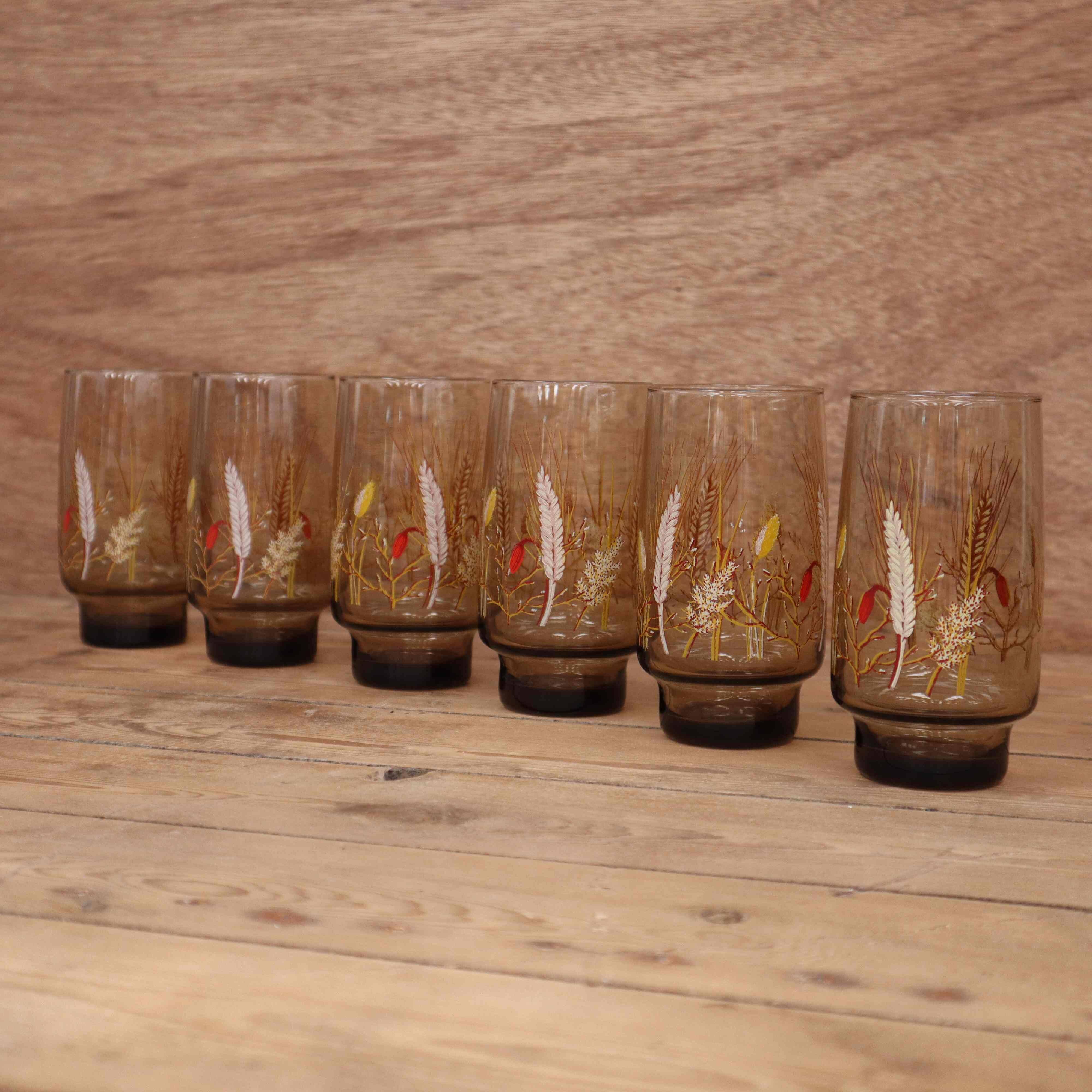 Set of 6 smoked orangeade glasses with wheat ear decoration Arcoroc