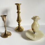 Trio of brass and vintage onyx candlesticks