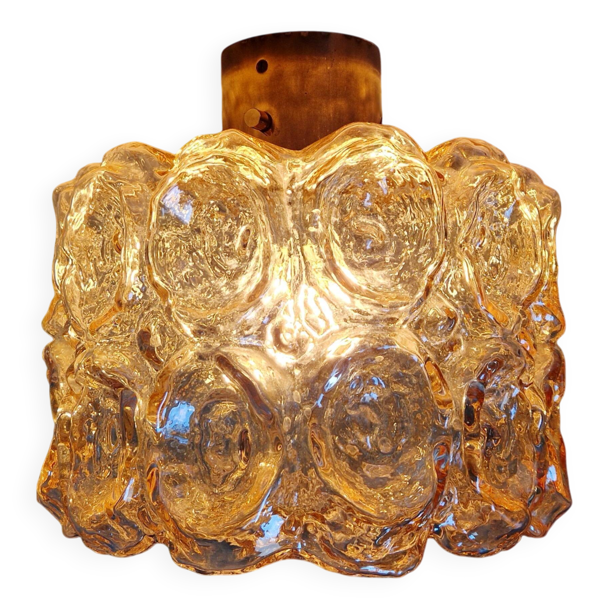 Brass and amber textured glass ceiling light, design by Helena Tynell, Limburg.