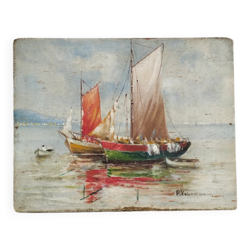 Fishing boats on calm sea. oil painting signed p. volotchenko.