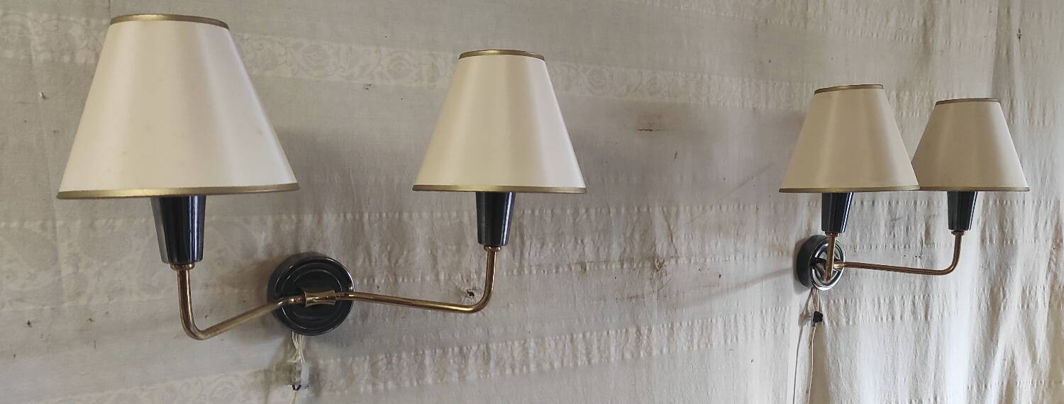 Double light wall sconces in gilded brass and gun barrel - 1950s/60s