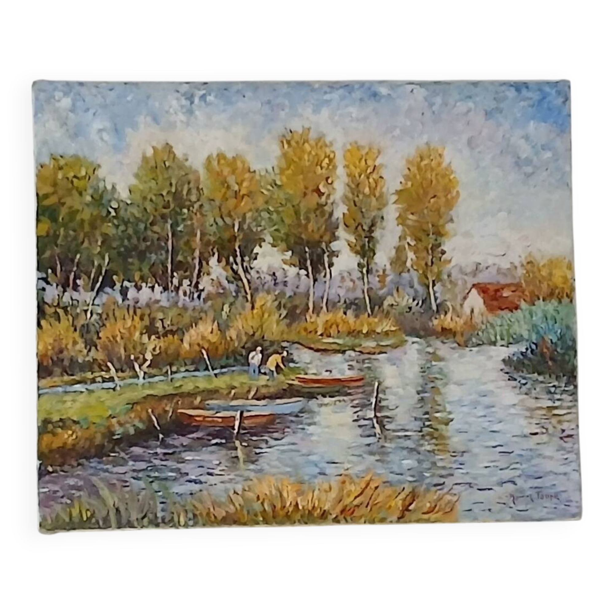 Old bucolic painting – Fishermen and poplars by the water