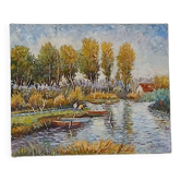 Peinture ancienne bucolique – Pêcheurs et peupliers au bord de l'eau