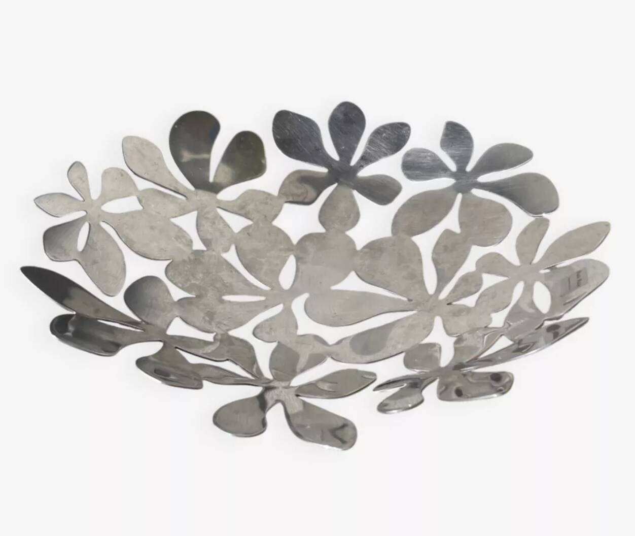 Fruit bowl/basket in chromed stainless steel, signed Monika Mulder