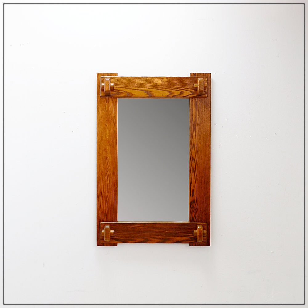 Brutalist wall mirror with a solid wood frame - 1960s