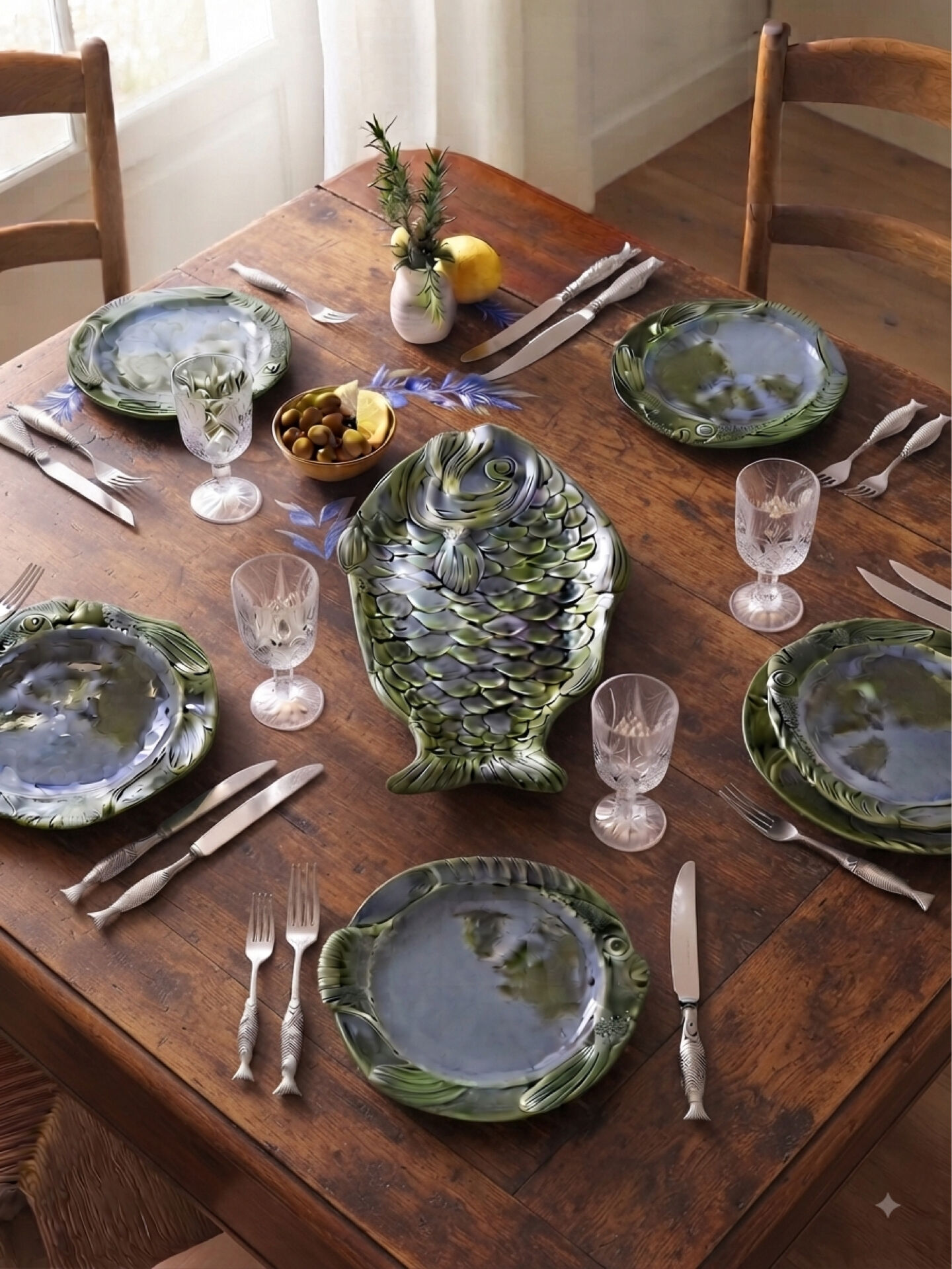 Green slipware fish service – 6 pieces