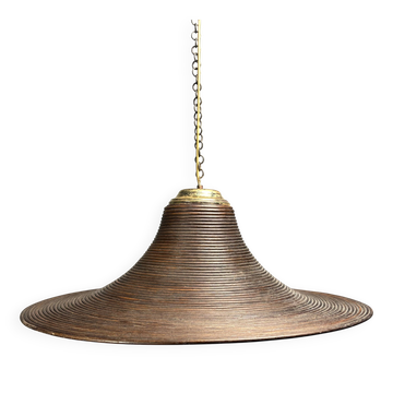XL Italian pencil reed rattan bamboo and brass hanging pendant lamp, 1970s